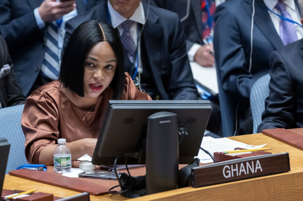 Foreign Minister Mavis Nkansah-Boadu of Ghana addresses the UN Security Council meeting on the situation in the Middle East, including the Palestinian question.