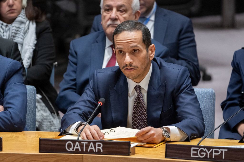 Sheikh Mohammed bin Abdulrahman Al-Thani, Prime Minister and Minister for Foreign Affairs of Qatar, addresses the UN Security Council meeting on the situation in the Middle East, including the Palestinian question.
