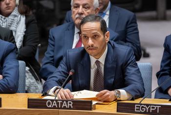 الشيخ محمد بن عبد الرحمن آل ثاني، رئيس مجلس وزراء وزير خارجية دولة قطر، يلقي كلمة أمام مجلس الأمن الدولي حول الوضع في الشرق الأوسط، بما في ذلك القضية الفلسطينية.