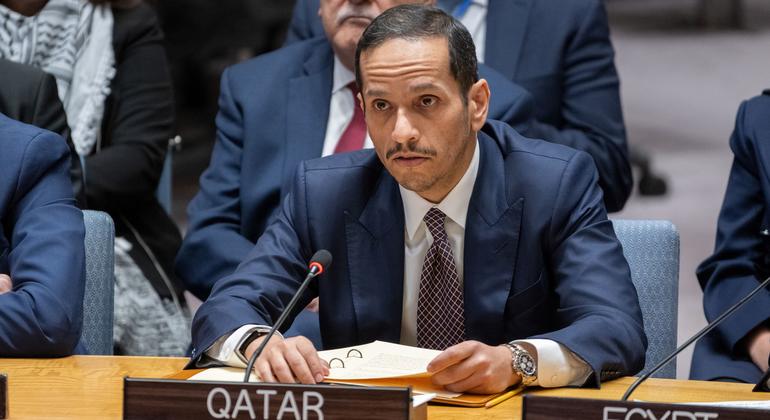 الشيخ محمد بن عبد الرحمن آل ثاني، رئيس مجلس وزراء وزير خارجية دولة قطر، يلقي كلمة أمام مجلس الأمن الدولي حول الوضع في الشرق الأوسط، بما في ذلك القضية الفلسطينية.