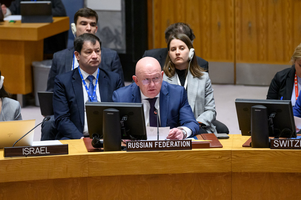 Ambassador Vassily Nebenzia of Russia addresses the UN Security Council meeting on the situation in the Middle East, including the Palestinian question.
