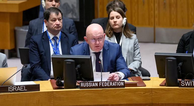 السفير الروسي فاسيلي نيبينزيا يلقي كلمة أمام مجلس الأمن الدولي حول الوضع في الشرق الأوسط، بما في ذلك القضية الفلسطينية.