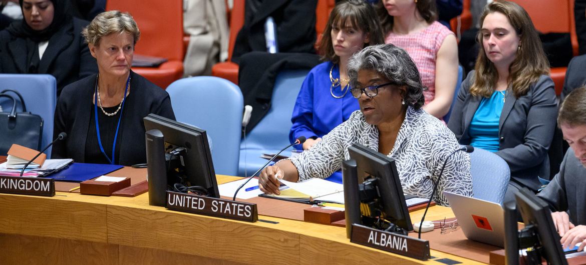 Ambassador Linda Thomas-Greenfield of the United States addresses the UN Security Council meeting on the situation in the Middle East, including the Palestinian question.