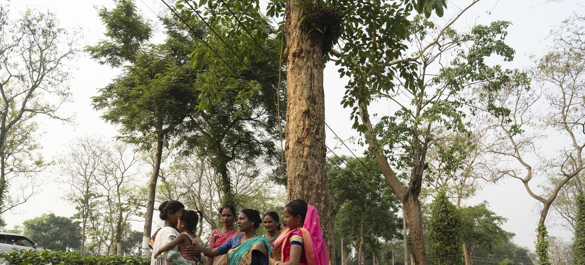 भारत के असम में एक चाय बागान में पारंपरिक पोशाक पहने महिलाएं मदर्स क्लब की बैठक के लिए एकत्रित हुई हैं।
