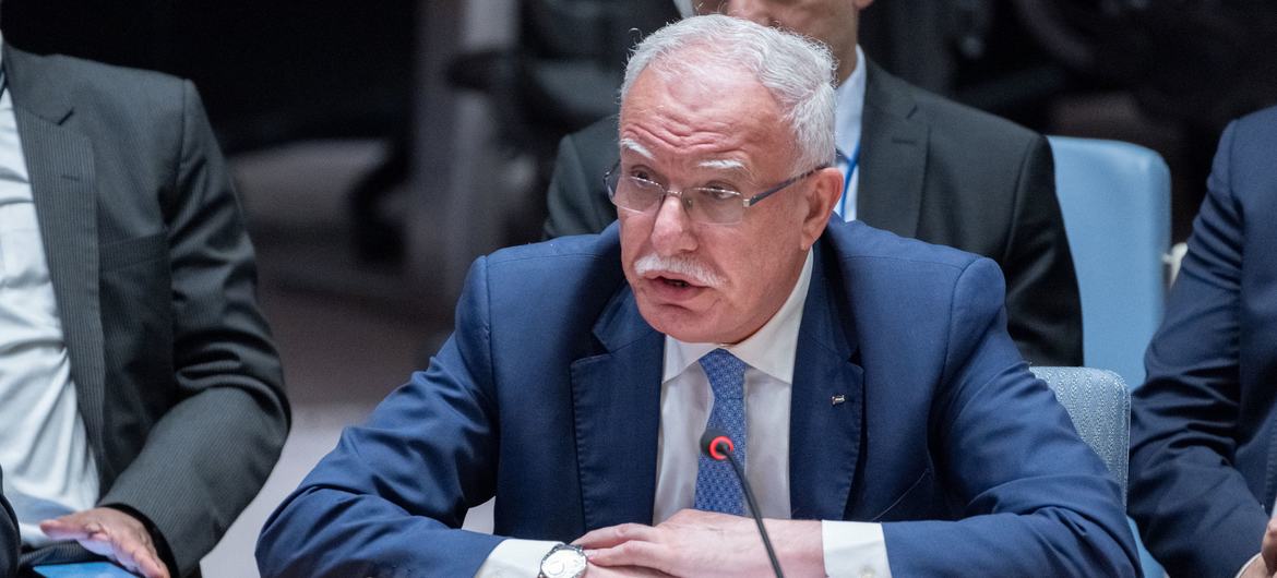 السيد رياض المالكي وزير خارجية دولة فلسطين يتحدث أمام مجلس الأمن الدولي.
