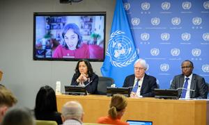 Sofia Sprechmann Sineiro (on screen), Secretary General of Care International, briefs reporters on the situation in Afghanistan after a recent visit to the country.