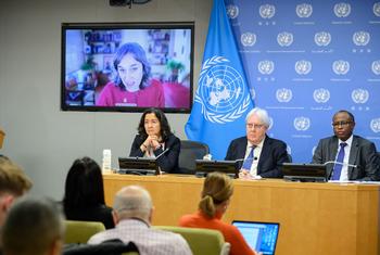 Sofia Sprechmann Sineiro (on screen), Secretary General of Care International, briefs reporters on the situation in Afghanistan after a recent visit to the country.