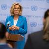 Sigrid Kaag, UN Senior Humanitarian and Reconstruction Coordinator for Gaza, briefs reporters following consultations with the Security Council.