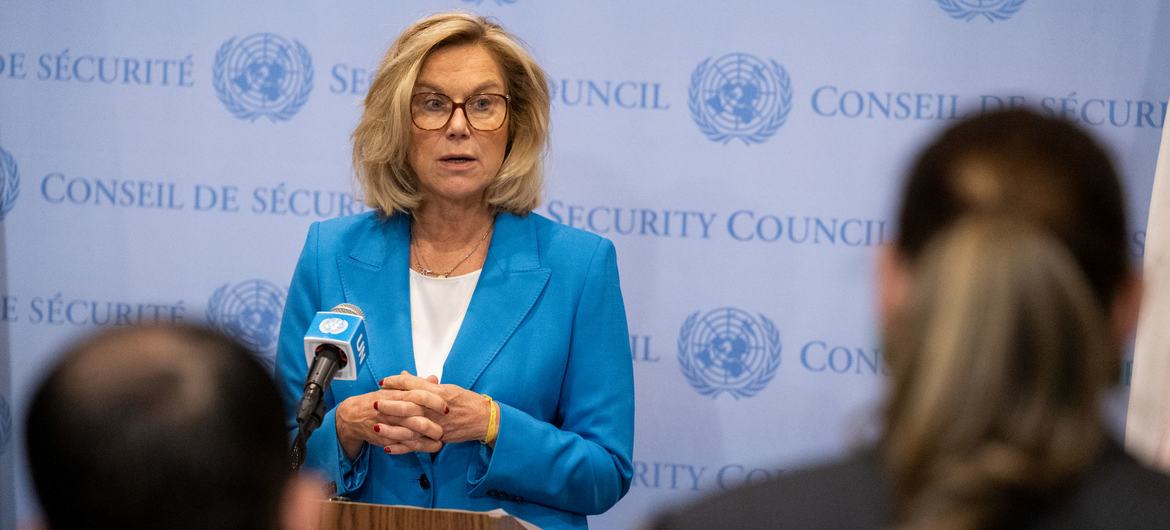Sigrid Kaag, UN Senior Humanitarian and Reconstruction Coordinator for Gaza, briefs reporters following consultations with the Security Council.