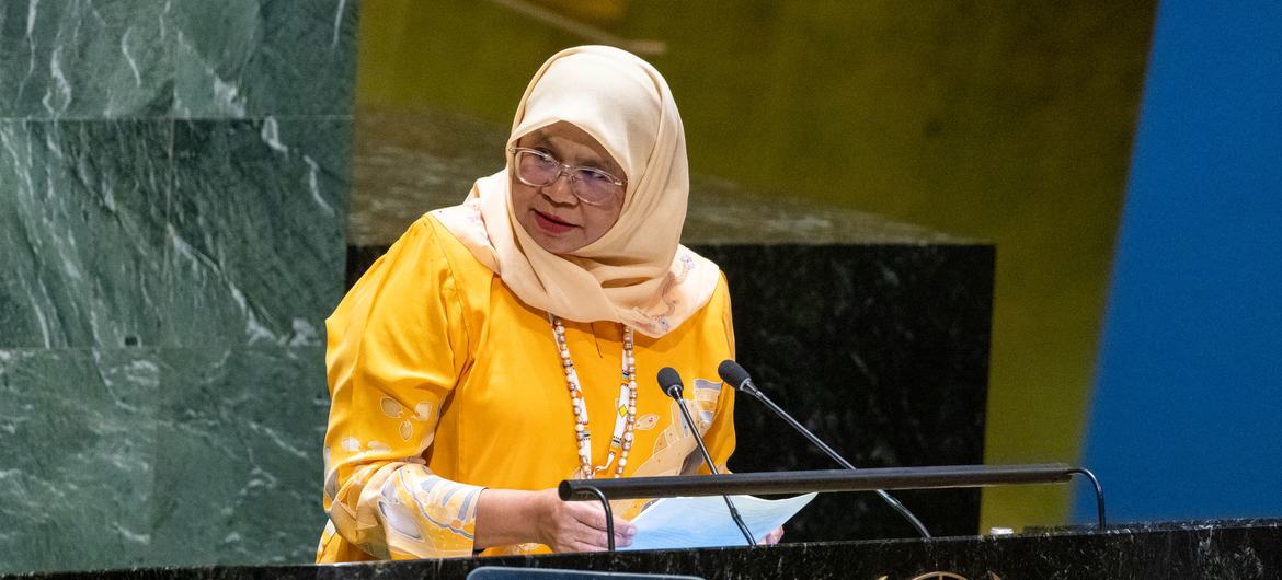 Maimunah Mohd Sharif, Executive Director of the United Nations Human Settlements Programme (UN Habitat), addresses the high-level meeting of the General Assembly on the role of zero waste as a transformative solution in achieving the Sustainable Developme