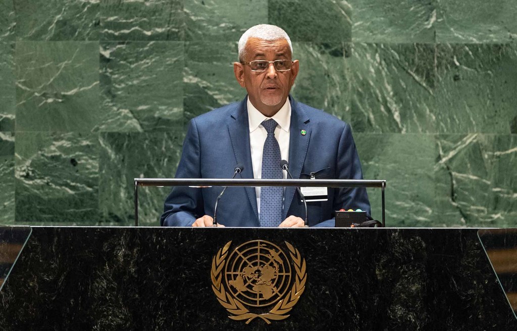 وزير المياه والصرف الصحي في موريتانيا سيدي محمد ولد الطالب أعمر متحدثا في مؤتمر الأمم المتحدة للمياه في نيويورك. 