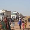 Camions transportant l'aide alimentaire du PAM arrivant à Tawila, au Soudan