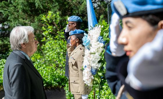 Secretary-General António Guterres (left) attends the wreath laying ceremony in honour of fallen Peacekeepers at the Peacekeeping Memorial at UN Headquarters.