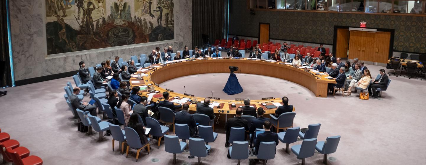 Vue d'ensemble de la salle du Conseil de sécurité des Nations unies, dont les membres se réunissent pour discuter de la situation en Syrie.