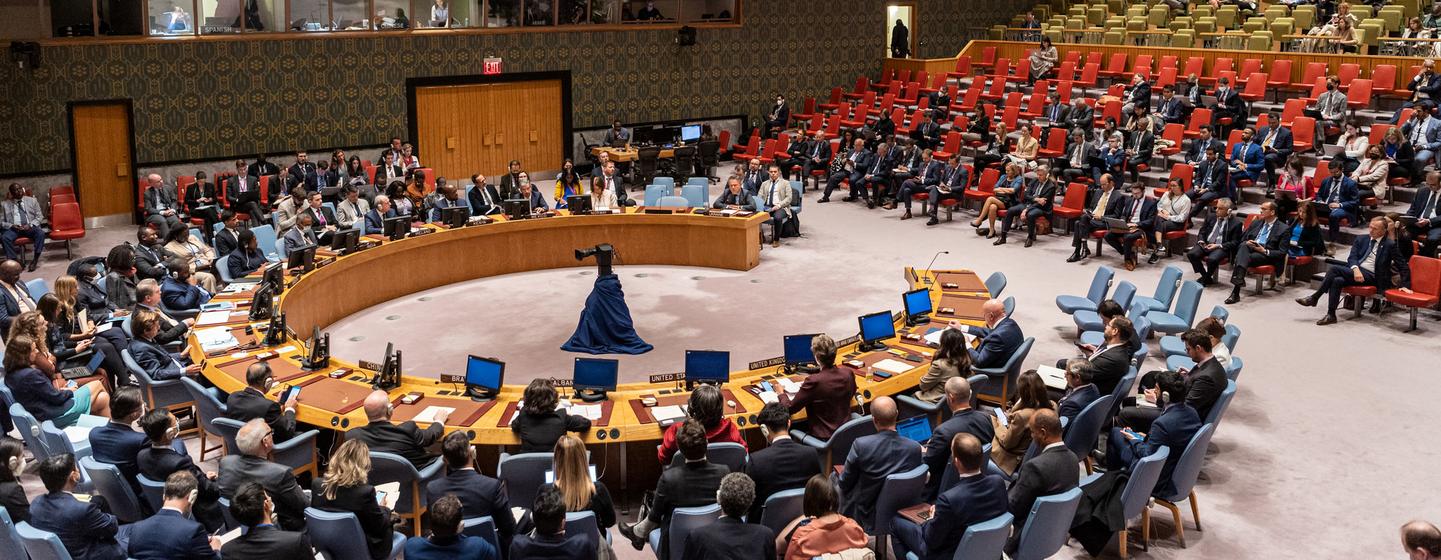 Vue de la salle du Conseil de sécurité lors d'une réunion sur les menaces à la paix et à la sécurité internationales (photo d'archives).