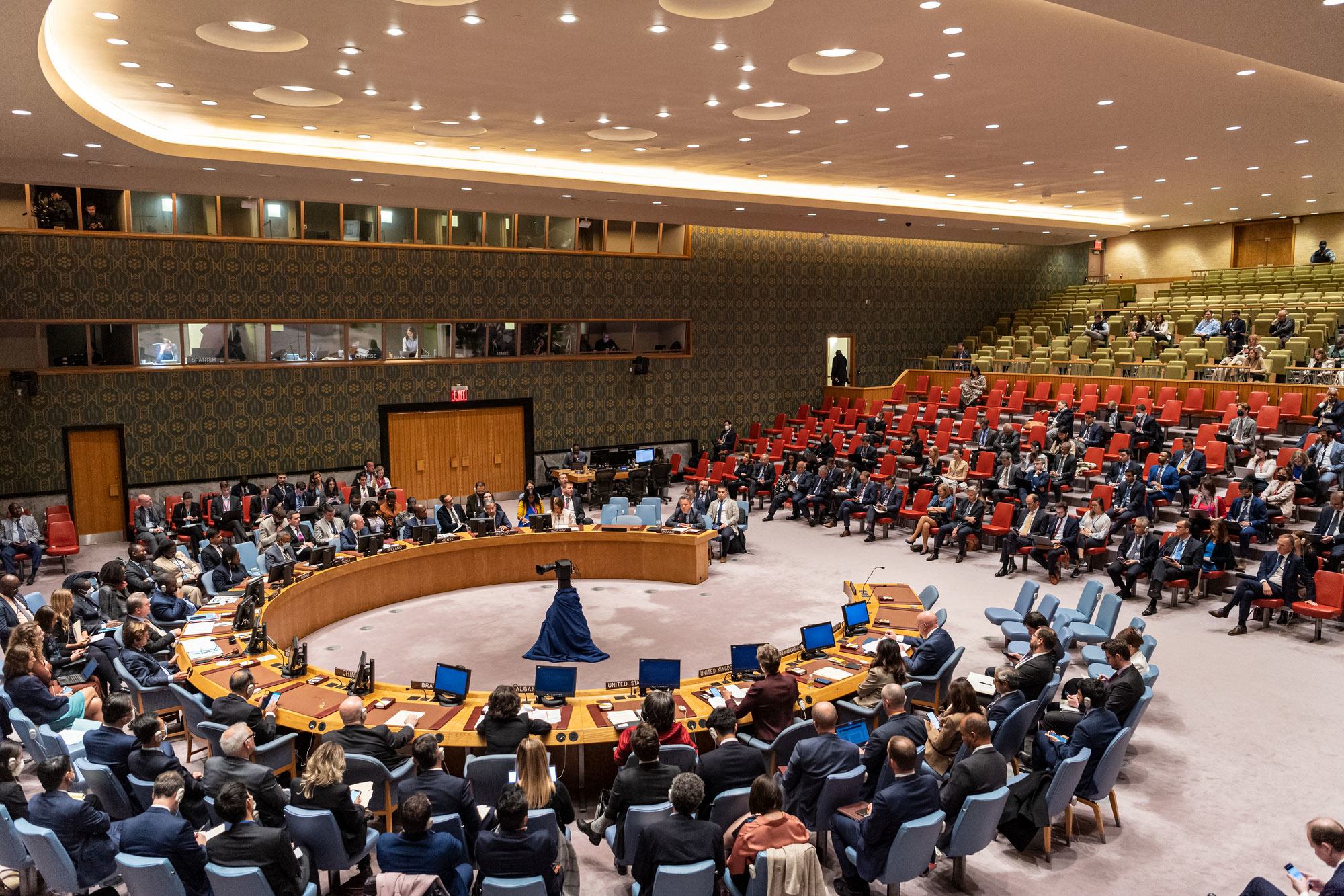 Vue de la salle du Conseil de sécurité lors d'une réunion sur les menaces à la paix et à la sécurité internationales.