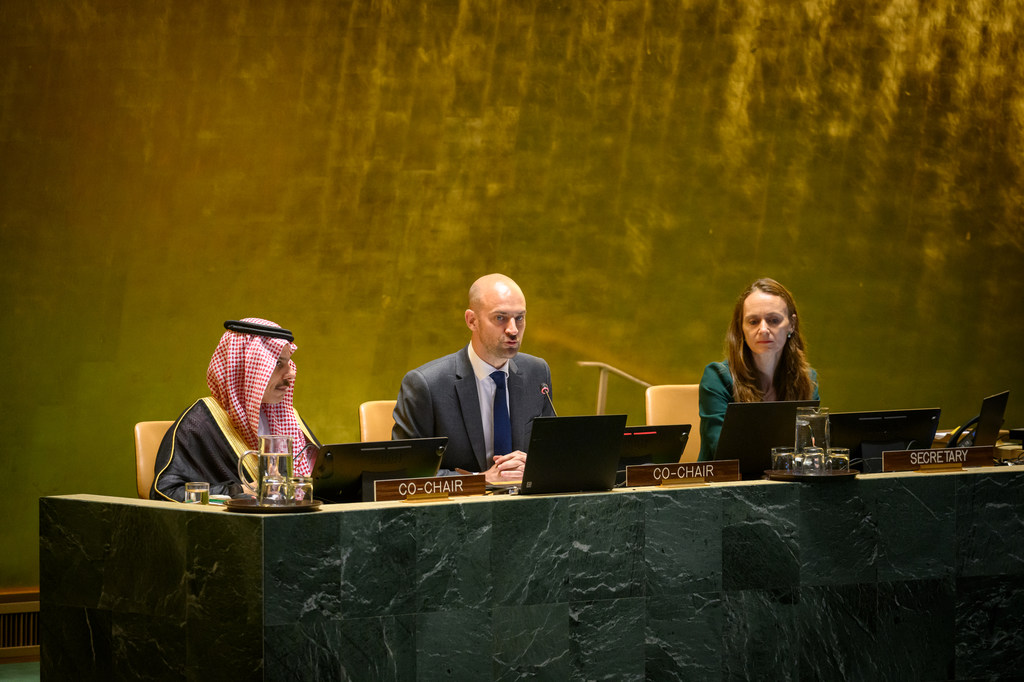 Mawaziri wa Mambo ya Nje, Jean-Noël Barrot (kulia) wa Ufaransa na Mwanamfalme, Faisal bin Farhan Al Saud wa Saudi Arabia, ambao ni Wenyeviti Washiriki wa Mkutano wa Kimataifa wa Utatuzi wa Amani wa suala la Palestina na Utekelezaji wa Suluhisho la Mataif…