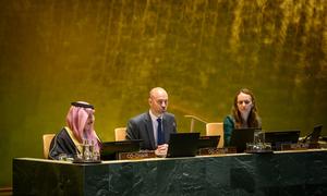 Los ministros del Exterior de Arabia Saudita, Faisal bin Farhan Al Saud (izquierda); y Francia, Jean-Noël Barrot, copresidentes de la Conferencia de Alto Nivel para la solución de dos Estados.