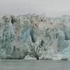Una gran pared glaciar con grietas verticales y formaciones de hielo azul, que se encuentra con el agua en un entorno frío y nublado.