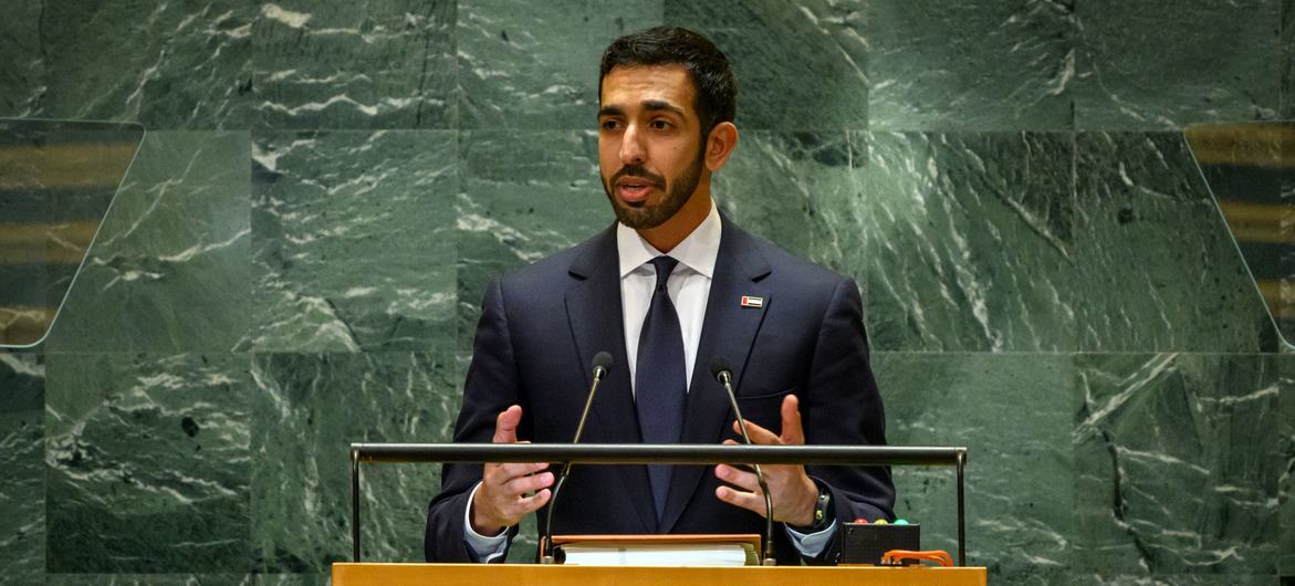 متحدہ عرب امارات کے وزیر مملکت برائے خارجہ امور شیخ شخبوط نہیان النہیان اقوام متحدہ کی جنرل اسمبلی کے 79ویں سالانہ اجلاس سے خطاب کر رہے ہیں۔
