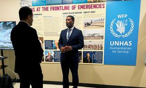 Hedley Tah (right), Head of External Relations for UN Humanitarian Air Service (UNHAS), speaks with UN News.