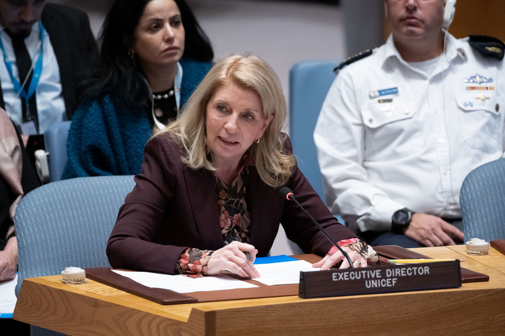 La directora ejecutiva del Fondo de las Naciones Unidas para la Infancia (UNICEF), Catherine M. Russell, interviene en la reunión del Consejo de Seguridad sobre la situación en Oriente Medio, incluida la cuestión palestina.