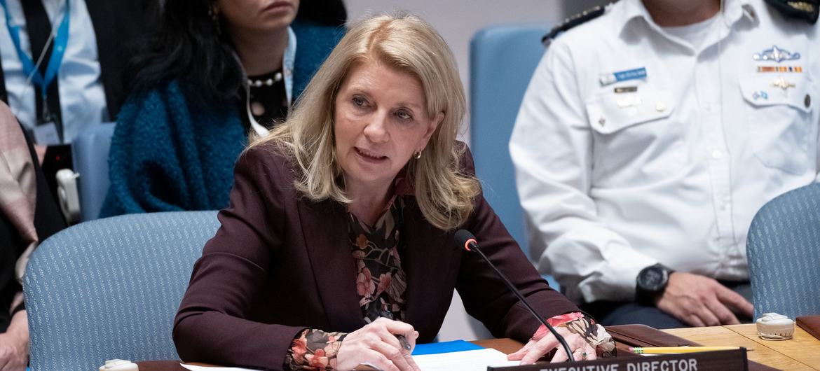 A diretora-executiva do Fundo das Nações Unidas para a Infância, Unicef, Catherine Russell discursa na reunião do Conselho de Segurança da ONU