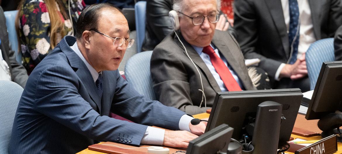 Ambassador ZHANG Jun of China addresses the UN Security Council meeting on the situation in the Middle East, including the Palestinian question.