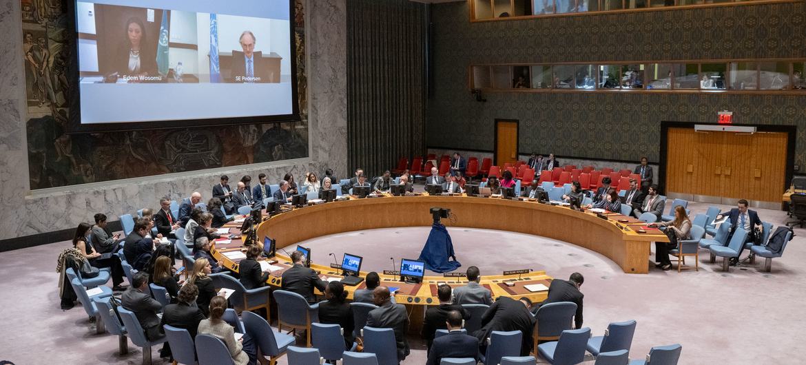 Geir Pedersen (right, on screen), Special Envoy of the Secretary-General for Syria, and Edem Wosornu, Director of Operations and Advocacy, Office for the Coordination of Humanitarian Affairs, brief UN Security Council members on the situation in the coun…