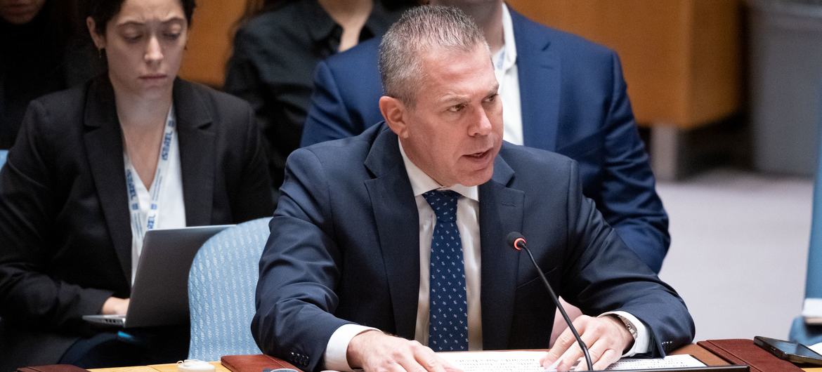 Ambassador Gilad Erdan of Israel addresses the UN Security Council meeting on the situation in the Middle East, including the Palestinian question.