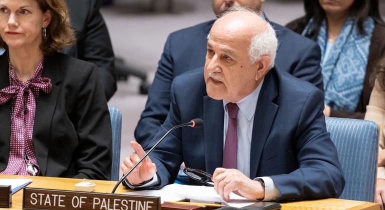 رياض منصور المراقب الدائم لفلسطين لدى الأمم المتحدة يتحدث أمام مجلس الأمن الدولي.