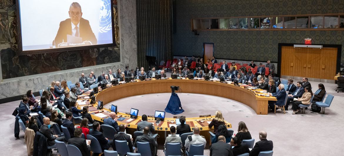 Una amplia vista de las cámaras del Consejo de Seguridad de la ONU mientras sus miembros se reúnen para tratar la situación en Oriente Medio, incluida la cuestión palestina.