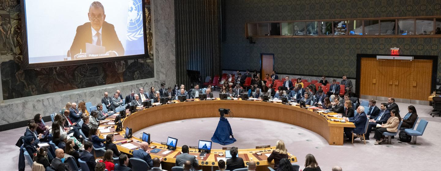 La salle du Conseil de sécurité de l'ONU alors que les membres se réunissent pour discuter de la situation au Moyen-Orient, y compris de la question palestinienne.