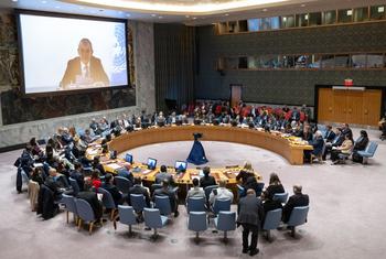 A wide view of the UN Security Council chamber as ambassadors meet on the situation in the Middle East, including the Palestinian question.