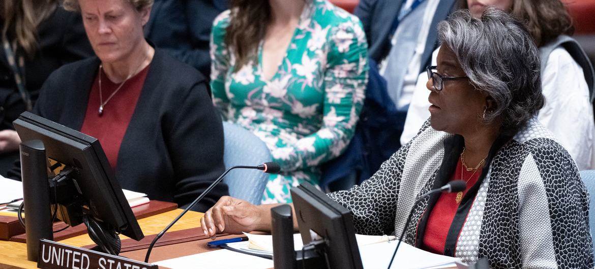 L'ambassadrice Linda Thomas-Greenfield des États-Unis s'adresse à la réunion du Conseil de sécurité de l'ONU sur la situation au Moyen-Orient, y compris la question palestinienne.