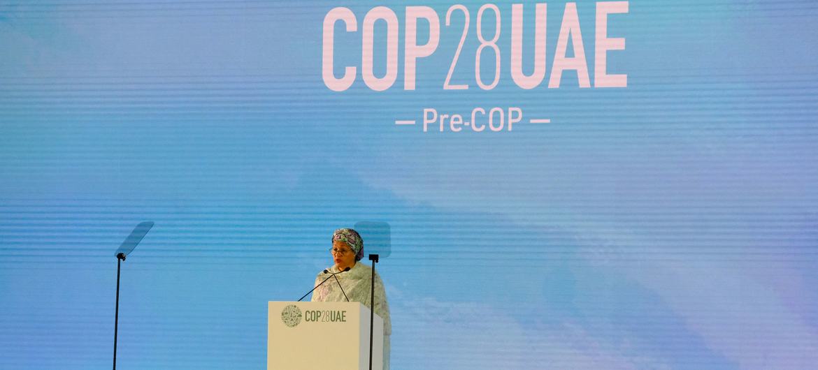 UN Deputy Secretary-General Amina Mohammed addresses the preparatory meeting ahead of the UN climate conference (COP28) in Abu Dhabi, United Arab Emirates.