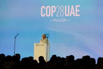 UN Deputy Secretary-General Amina Mohammed addresses the preparatory meeting ahead of the UN climate conference (COP28) in Abu Dhabi, United Arab Emirates.