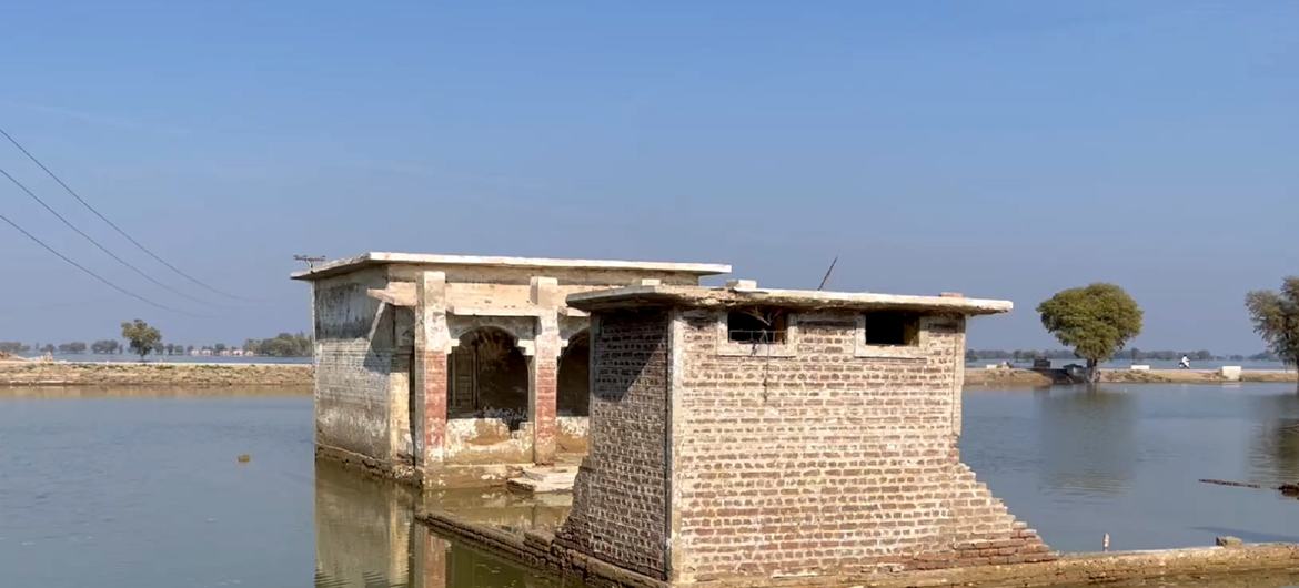 पाकिस्तान में साफ आसमान के नीचे बाढ़ के पानी में डूबी ईंटों की इमारतें खड़ी हैं।