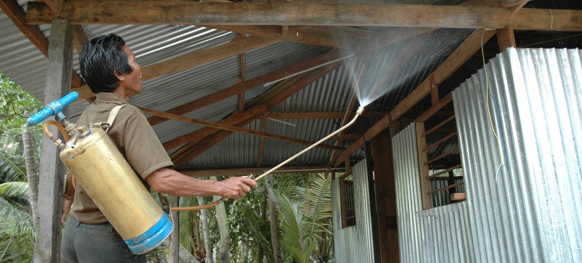 Un ouvrier pulvérise de l'insecticide sur les surfaces d'un abri pour contrôler la propagation des moustiques