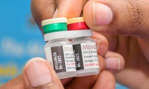 Un trabajador sanitario de Kenia sostiene viales de vacuna contra la malaria o paludismo para su administración en una campaña de vacunación.