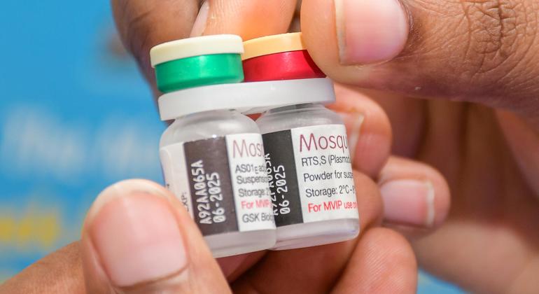 Un trabajador sanitario de Kenia sostiene viales de vacuna contra el paludismo para su administración en una campaña de vacunación.