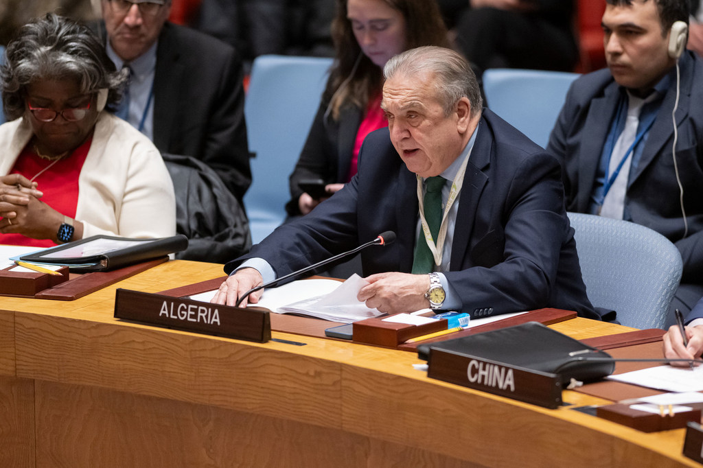 Ambassador Amar Bendjama of Algeria addresses the Security Council meeting on the situation in the Middle East, including the Palestinian question.