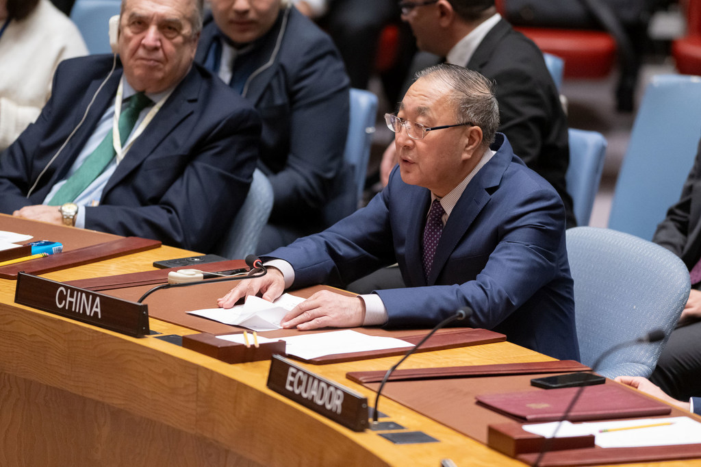Ambassador Zhang Jun of China addresses the Security Council meeting on the situation in the Middle East, including the Palestinian question.
