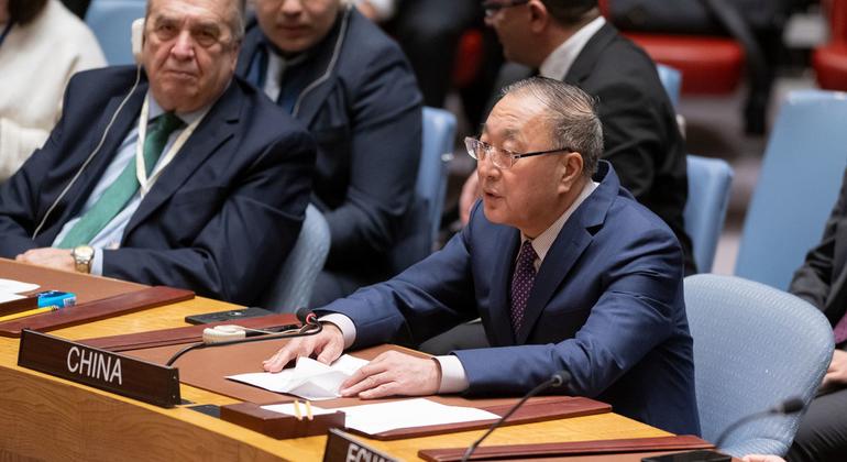 Ambassador Zhang Jun of China addresses the Security Council meeting on the situation in the Middle East, including the Palestinian question.