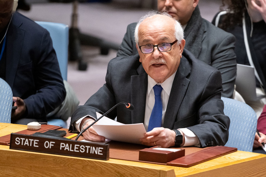 Riyad Mansour, Permanent Observer of the State of Palestine to the United Nations, addresses the Security Council meeting on the situation in the Middle East, including the Palestinian question.