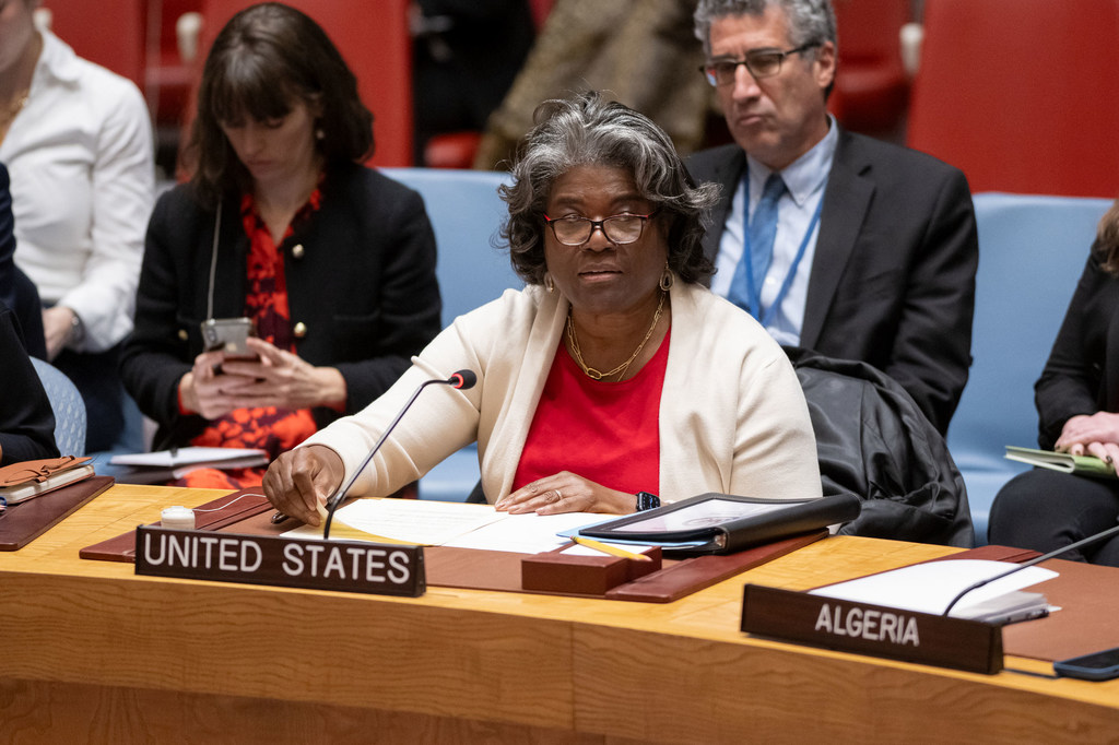 Ambassador Linda Thomas-Greenfield of the United States addresses the Security Council meeting on the situation in the Middle East, including the Palestinian question.