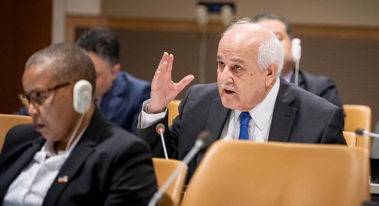 السفير رياض منصور المراقب الدائم لفلسطين لدى الأمم المتحدة، يتحدث أمام لجنة ممارسة الشعب الفلسطيني لحقوقه غير القابلة للتصرف.