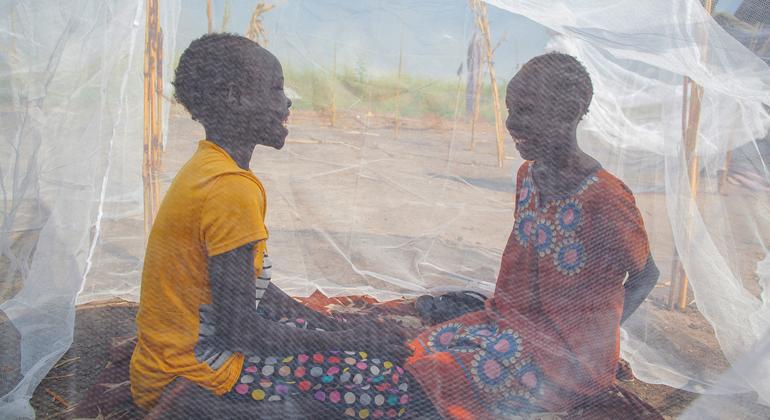 Des jeunes filles discutent sous une moustiquaire à Bienythiang, au Soudan du Sud.