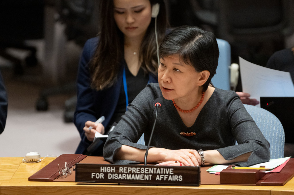 Izumi Nakamitsu, Haute-Représentante pour les affaires de désarmement, informe le Conseil de sécurité lors d'une réunion sur les menaces à la paix et à la sécurité internationales.