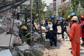 Chinese rescue teams conduct rescue operations in Mandalay, Myanmar.